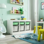 ترکیب نظم‌ دهنده با جعبه‌ ایکیا مدل TROFAST سفید/ سبز ملایم/ خاکستری برای ذخیره‌سازی اسباب‌بازی‌ها